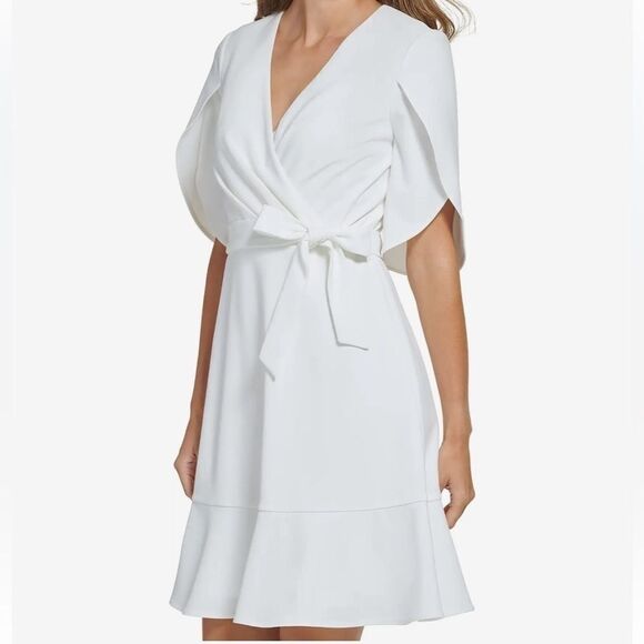 DKNY Womens Tulip-Sleeve V-Neck Dress Ivory Office Wear to Work Dress M - Picture 7 of 16